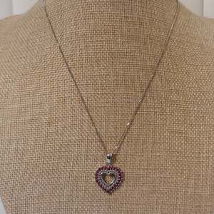 Italian 925 Sterling Silver & Red Rubies 3/4" Heart Pendant 16" Necklace